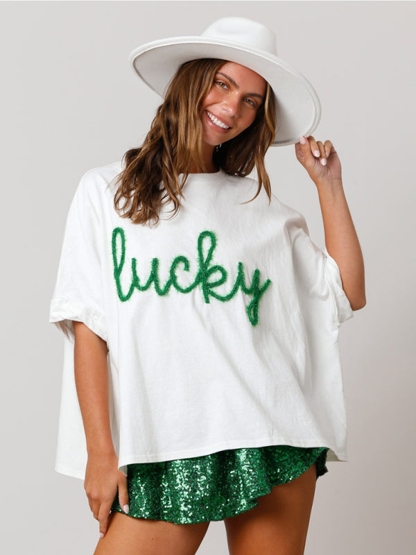 Women’s St. Patrick’s sequin top loose T-shirt - White / S