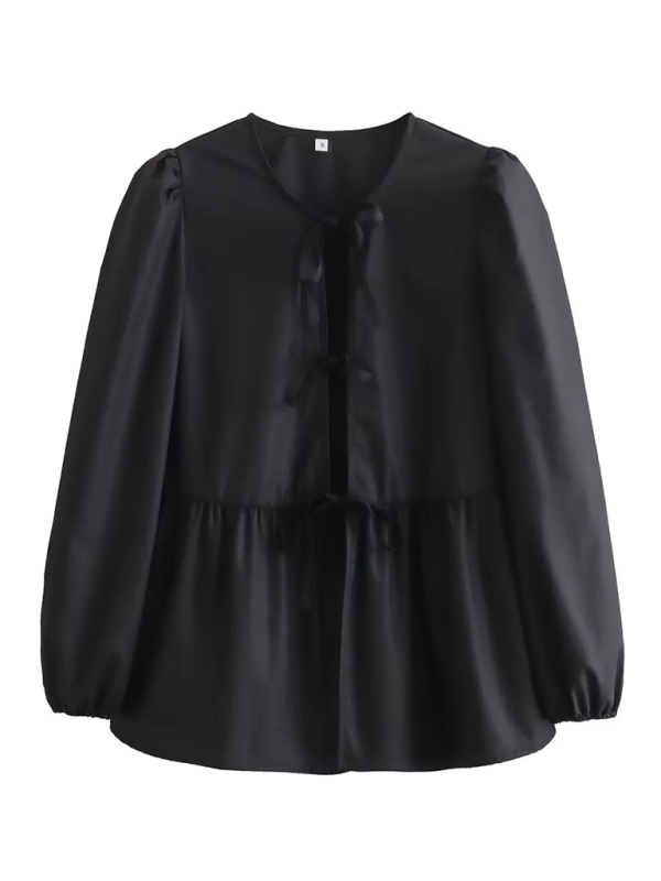Women’s Street Fashion Bow Long Sleeve Shirt - Black / S