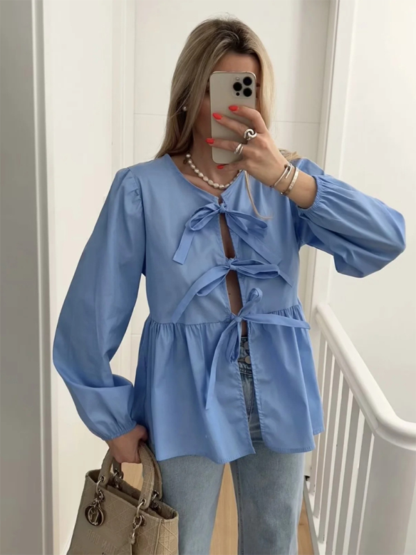 Women’s Street Fashion Bow Long Sleeve Shirt - Blue / S