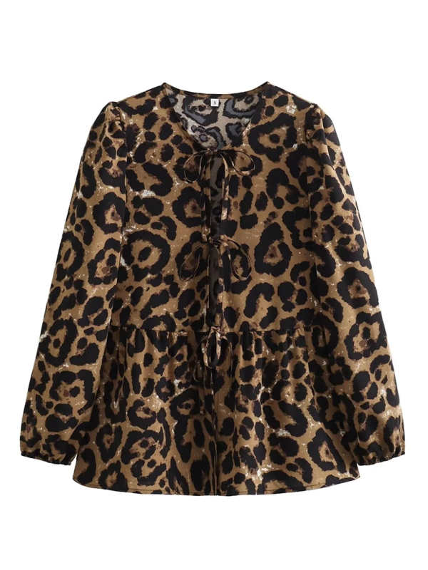 Women’s Street Fashion Bow Long Sleeve Shirt - Leopard / S