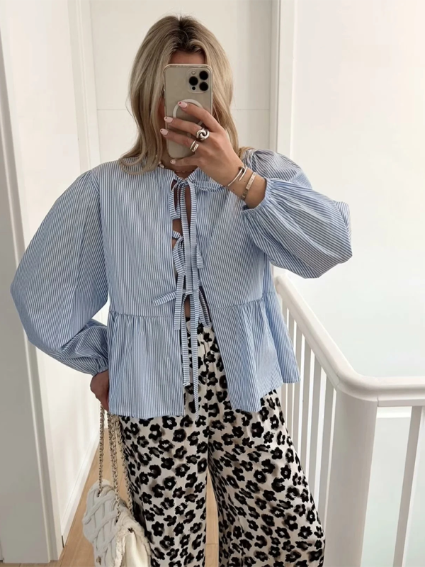 Women’s Street Fashion Bow Long Sleeve Shirt - Pattern2 / S
