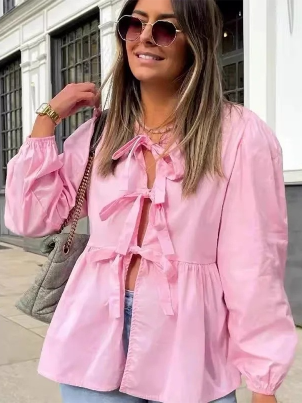 Women’s Street Fashion Bow Long Sleeve Shirt - Pink / S
