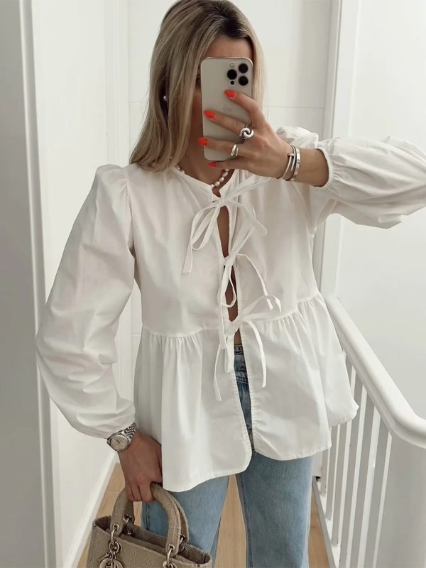 Women’s Street Fashion Bow Long Sleeve Shirt - White / S