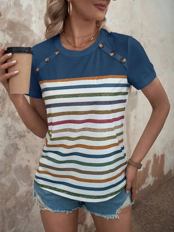 Women’s Stripe Print Button Short Sleeve Casual Top