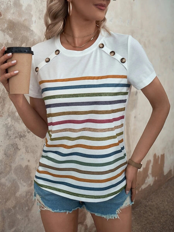 Women’s Stripe Print Button Short Sleeve Casual Top