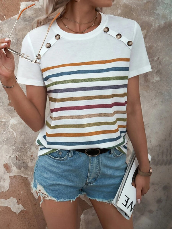 Women’s Stripe Print Button Short Sleeve Casual Top