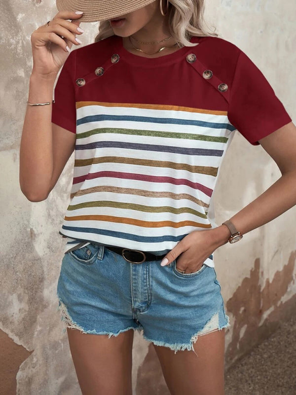 Women’s Stripe Print Button Short Sleeve Casual Top