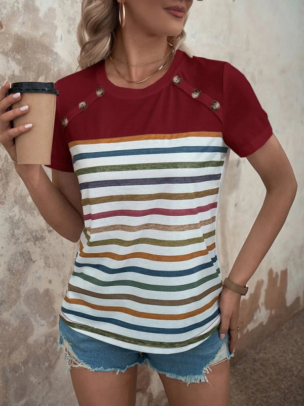 Women’s Stripe Print Button Short Sleeve Casual Top