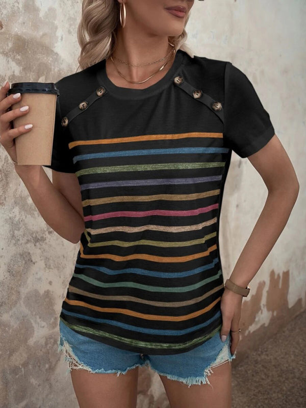 Women’s Stripe Print Button Short Sleeve Casual Top