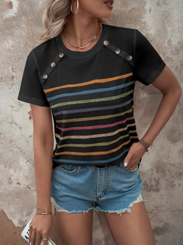 Women’s Stripe Print Button Short Sleeve Casual Top