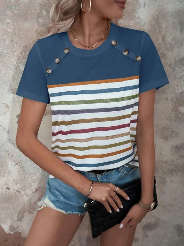 Women’s Stripe Print Button Short Sleeve Casual Top