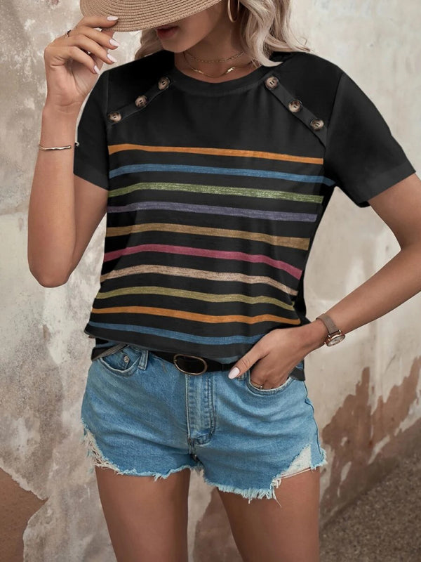 Women’s Stripe Print Button Short Sleeve Casual Top - Black / S