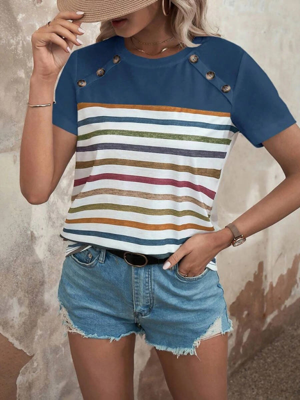 Women’s Stripe Print Button Short Sleeve Casual Top - Blue / S