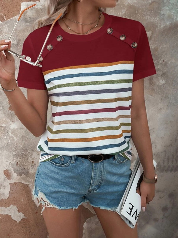 Women’s Stripe Print Button Short Sleeve Casual Top - Red / S