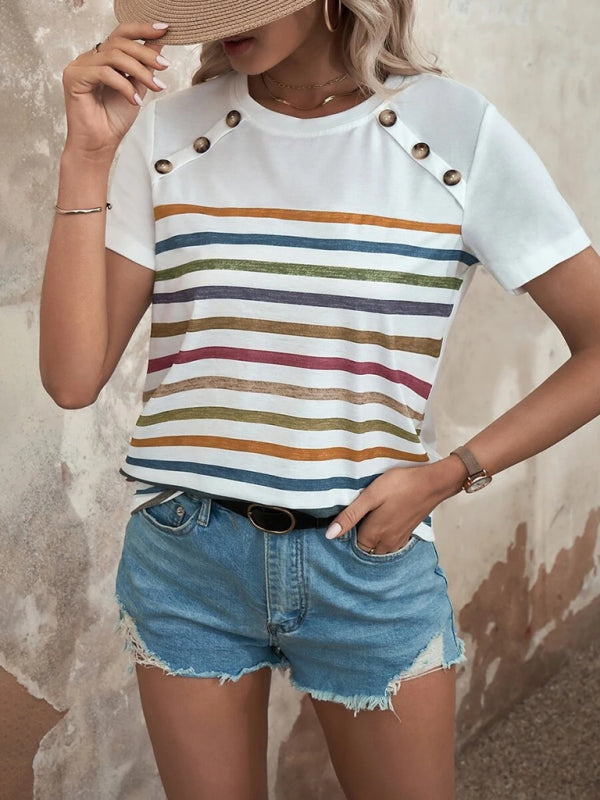 Women’s Stripe Print Button Short Sleeve Casual Top - White / S