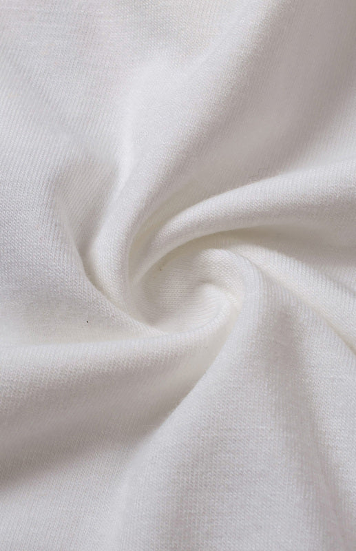 Wrinkled white fabric from Women’s Striped Camo Crew Neck Panel Short Sleeve Top with size chart