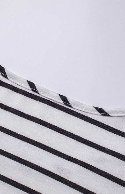 Black and white striped fabric from Women’s Striped Camo Crew Neck Panel Top with size chart
