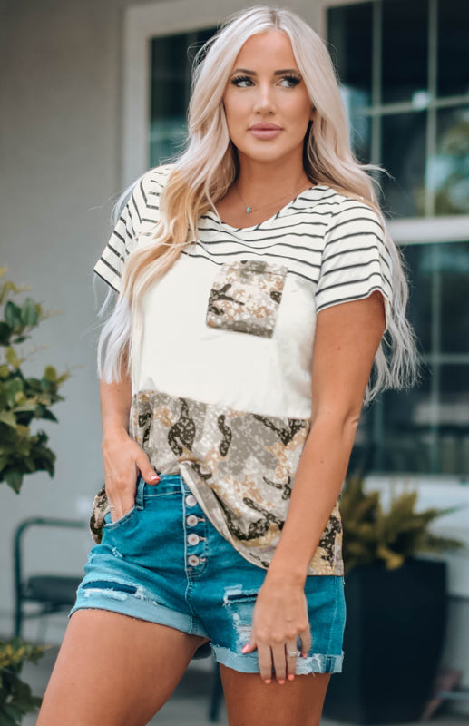 Women’s striped camo crew neck panel short sleeve top, see size chart for fit