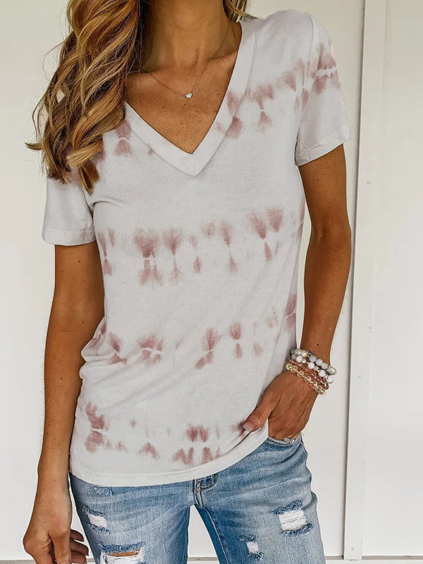 Women’s stripes dyeing printed casual short -sleeved T -shirt