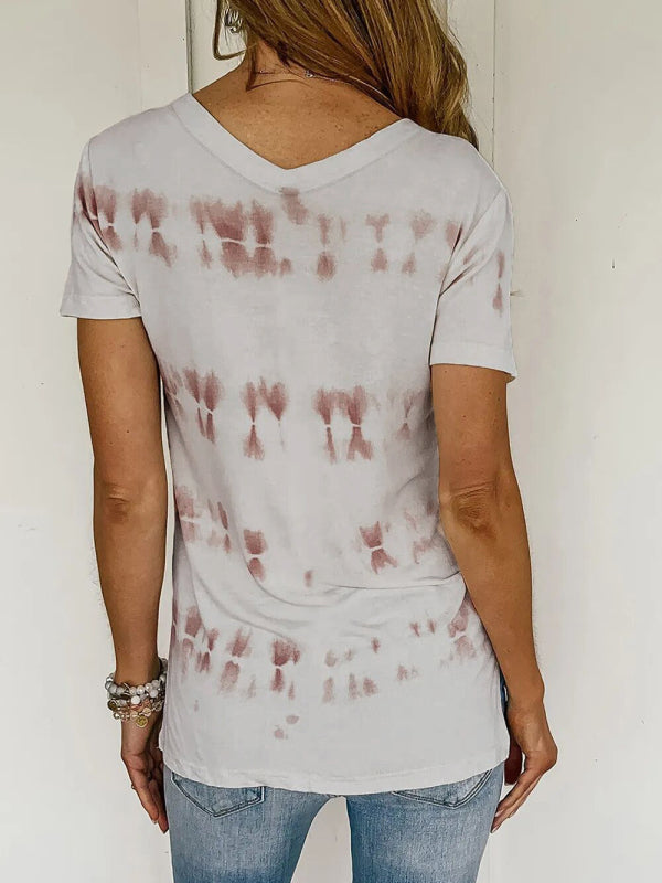 Women’s stripes dyeing printed casual short -sleeved T -shirt