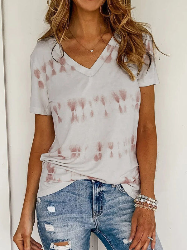 Women’s stripes dyeing printed casual short -sleeved T -shirt