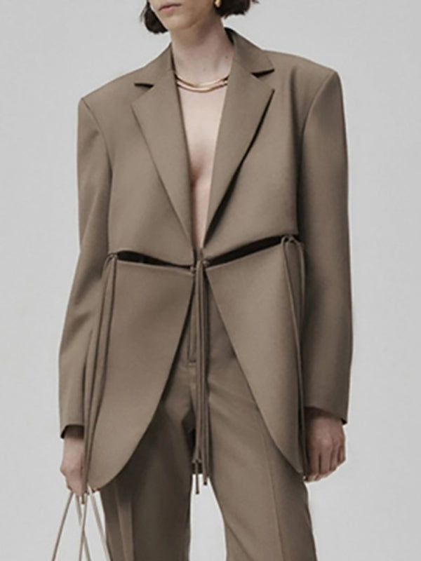 Women’s suit collar long sleeve hollow strapped jacket - Khaki / S