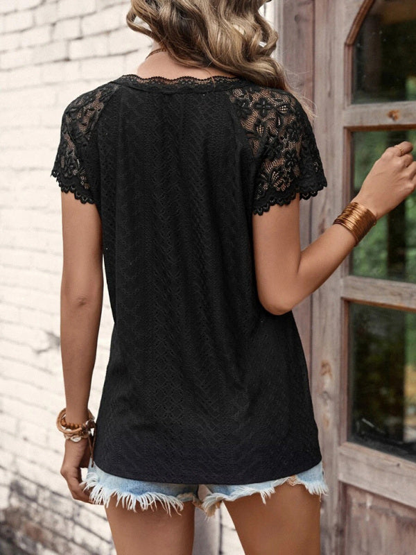 Women’s summer new V-neck short-sleeved stitching lace sleeve women’s top