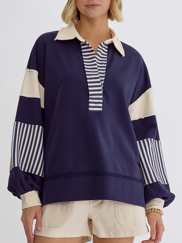 Women’s Sweatshirt OversizedPolo Neck Striped Colorblocking Top - Champlain color / S