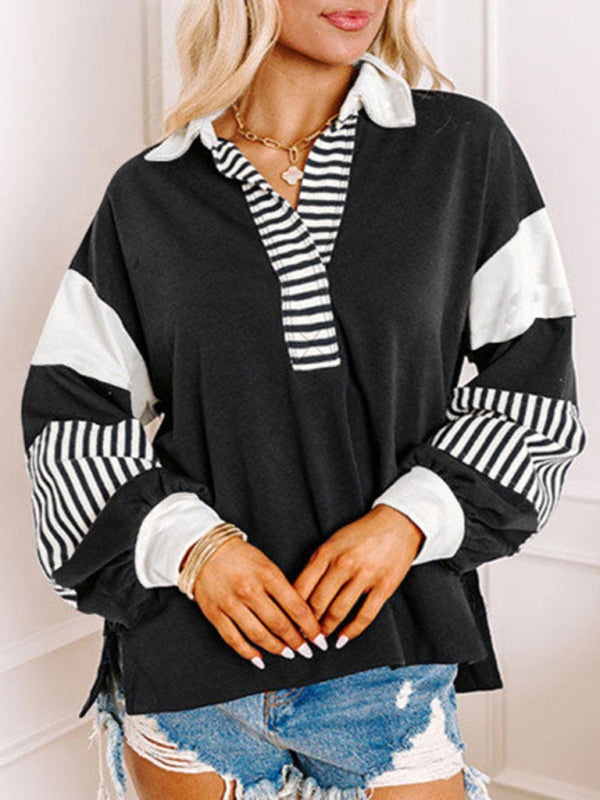 Women’s Sweatshirt OversizedPolo Neck Striped Colorblocking Top - Black / S