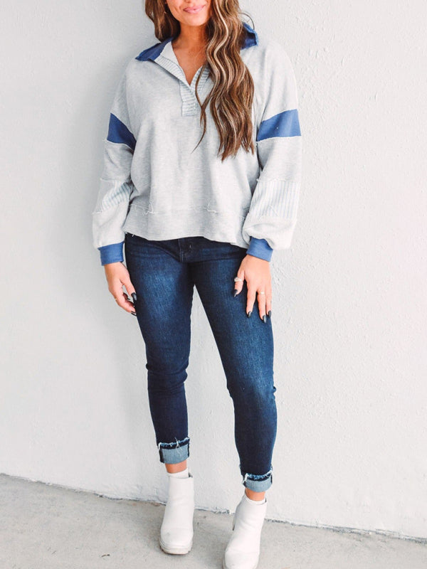 Women’s Sweatshirt OversizedPolo Neck Striped Colorblocking Top - Blue grey / S