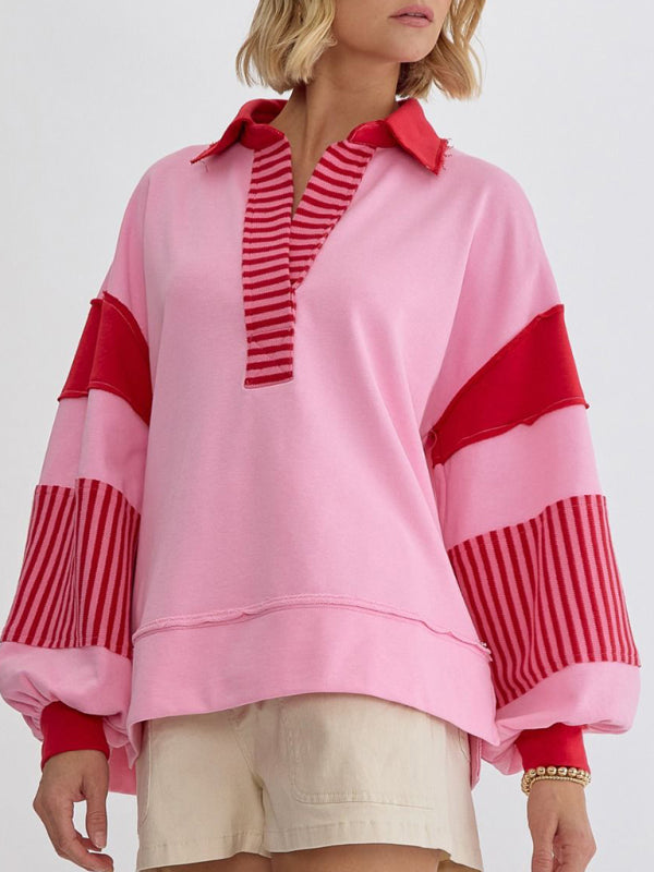 Women’s Sweatshirt OversizedPolo Neck Striped Colorblocking Top - Hot pink / S