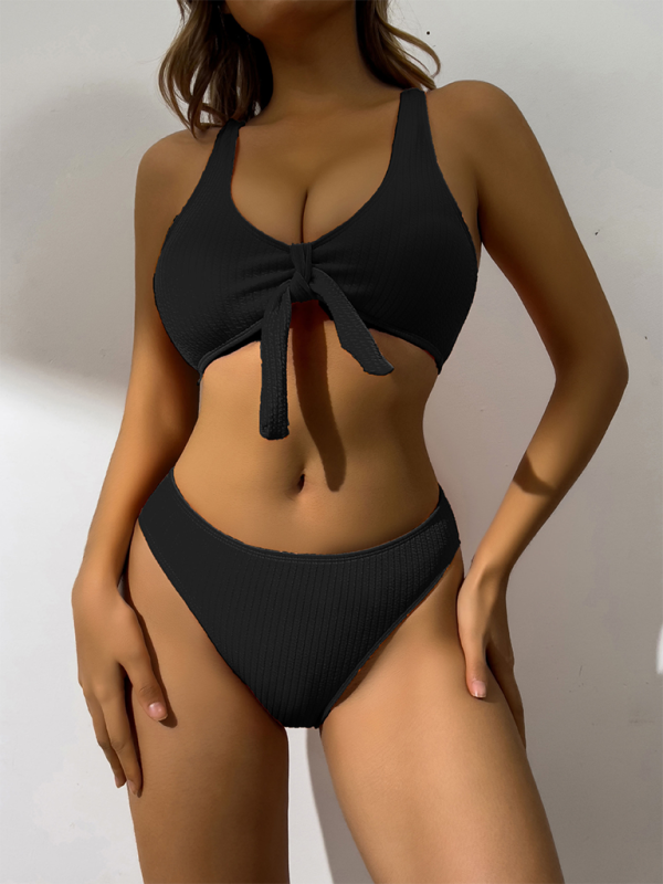 Women’s Swimwear Pierced Solid Color Hollow Bikinis - Black / S