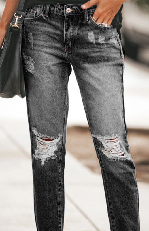 Women’s Temperament Ripped Jeans Pants - Dark Gray / S