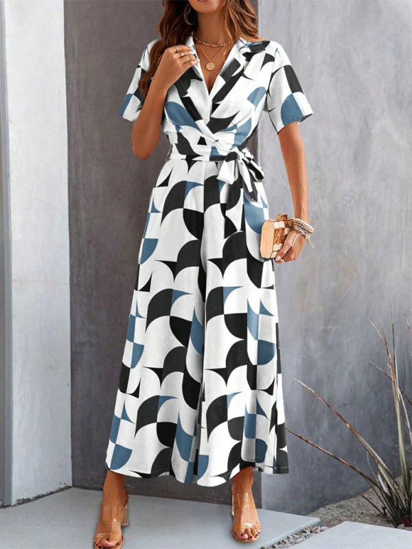 Geometric-patterned wrap jumpsuit with short sleeves and high waist for women
