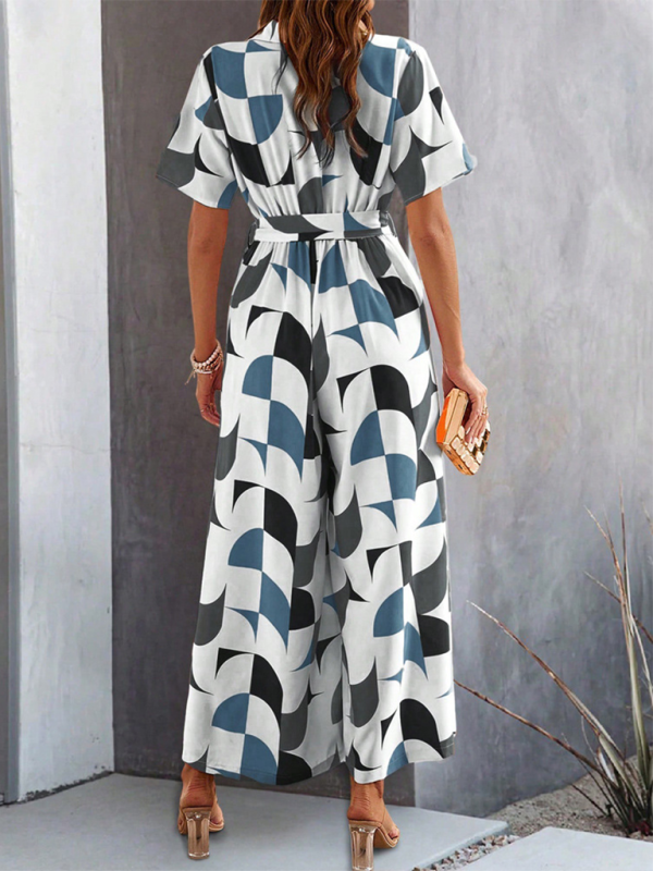 Geometric-patterned jumpsuit with contrast color print and high waist design for women