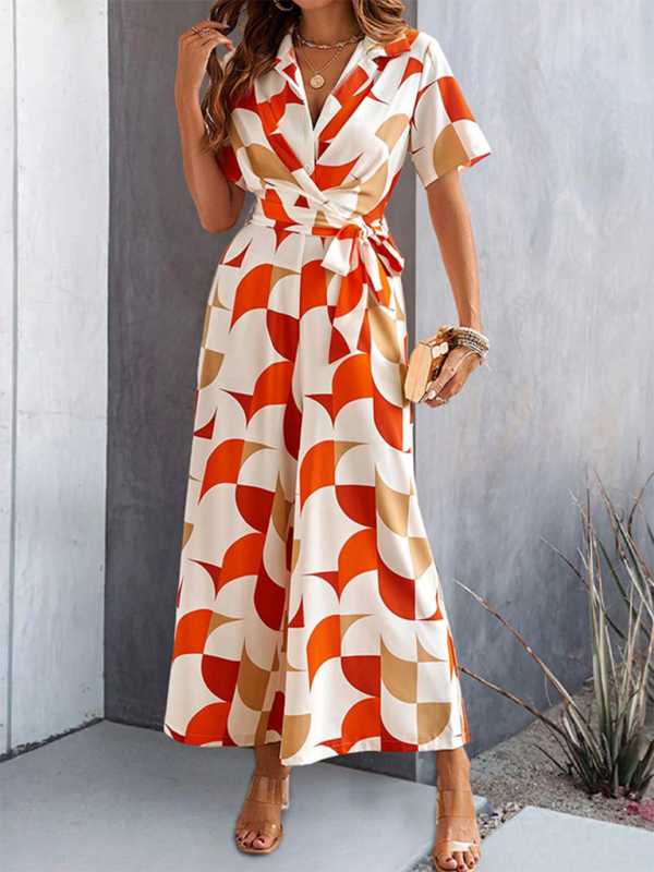 Geometric-patterned wrap dress from Women’s Temperament Short Sleeve Contrast Color Print High Waist Jumpsuit