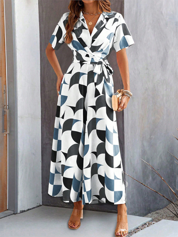 Geometric-patterned wrap dress from Women’s Temperament Short Sleeve Contrast Color Print High Waist Jumpsuit
