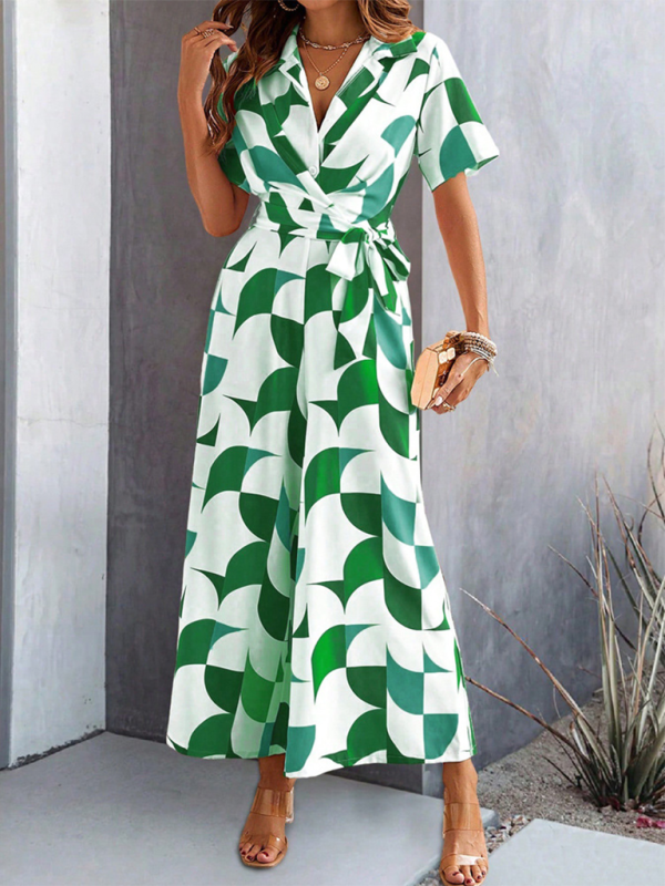 Green and white geometric print wrap dress with high waist for Women’s Temperament Jumpsuit