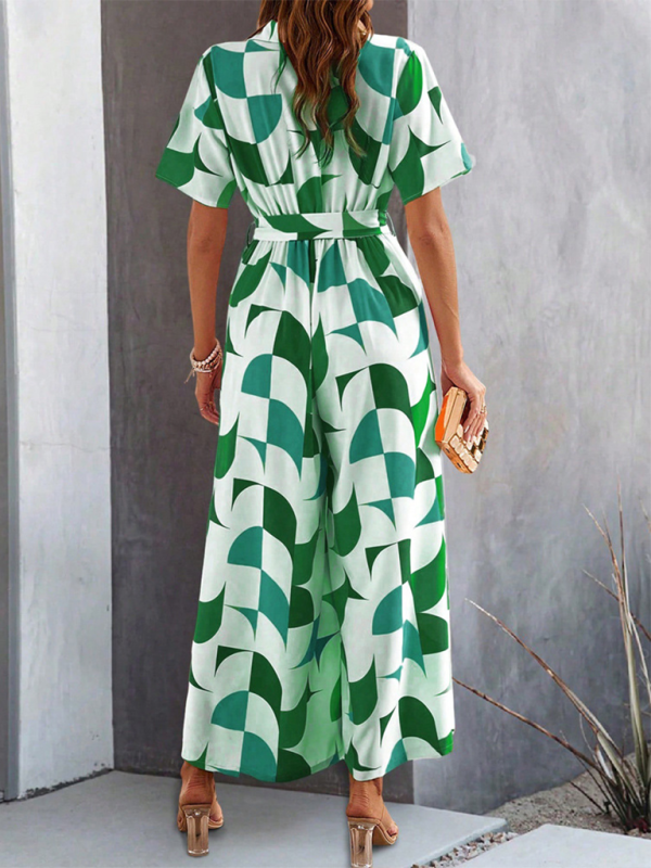 Green and white patterned high waist jumpsuit with short sleeves for women