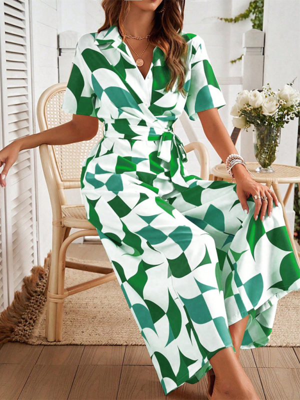 Green and white geometric print high waist jumpsuit for women with short sleeves