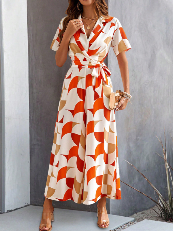 Geometric patterned wrap jumpsuit for women with high waist and short sleeves