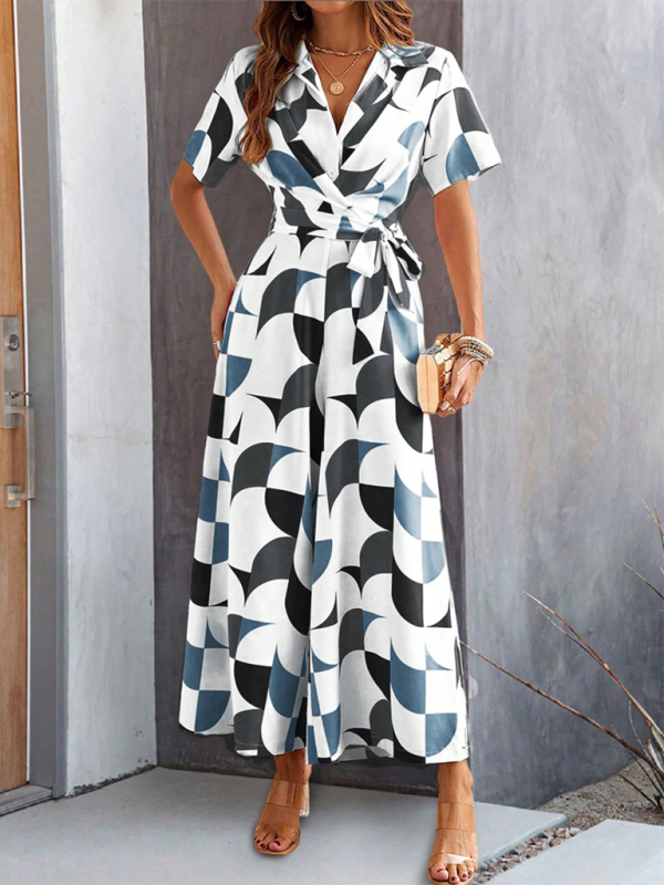 Geometric-patterned wrap dress shown on Women’s Temperament Short Sleeve Contrast Color Print High Waist Jumpsuit