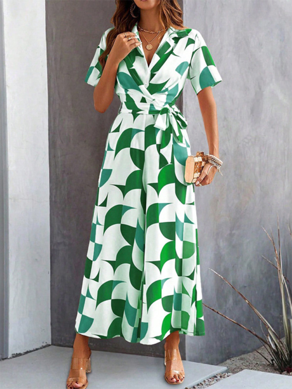 Green and white geometric print high waist jumpsuit for women with short sleeves