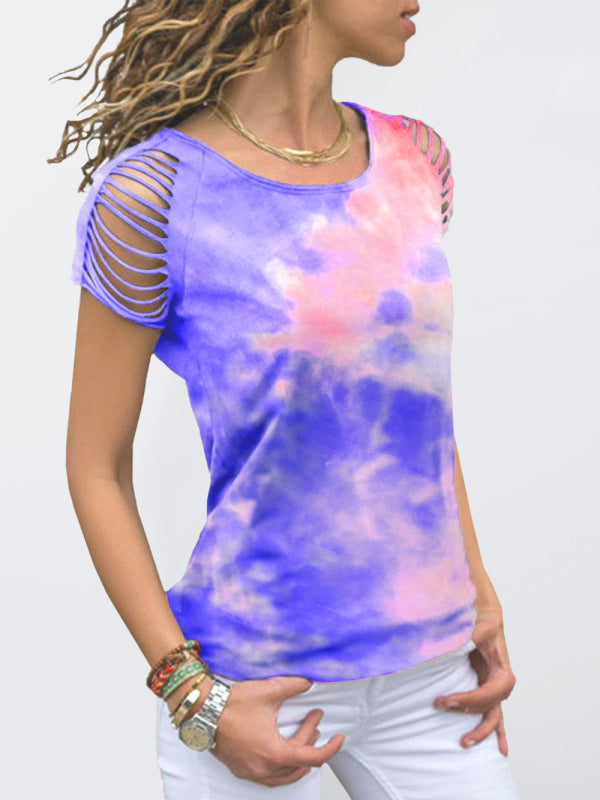 Women’s tie-dye ripped burnt off-the-shoulder short-sleeved T-shirt - Blue / S