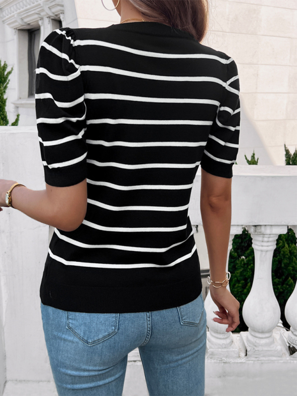 Black and white striped puff sleeve round neck sweater for women