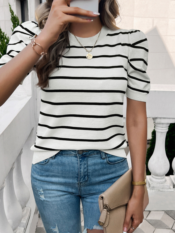 Striped puff-sleeve top from Women’s Tops Puff Sleeve Round Neck Contrast Color Sweater collection