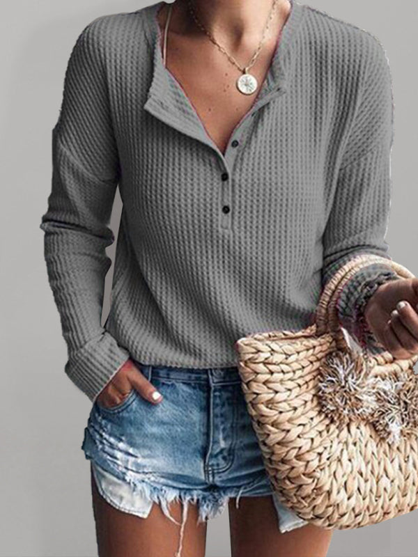 Women’s Tops Round Neck Open Tube Long Sleeve Solid Color T-Shirt - Grey / S