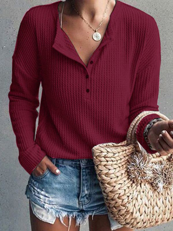 Women’s Tops Round Neck Open Tube Long Sleeve Solid Color T-Shirt - Wine Red / S