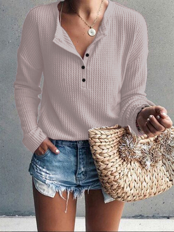 Women’s Tops Round Neck Open Tube Long Sleeve Solid Color T-Shirt - Pink / S