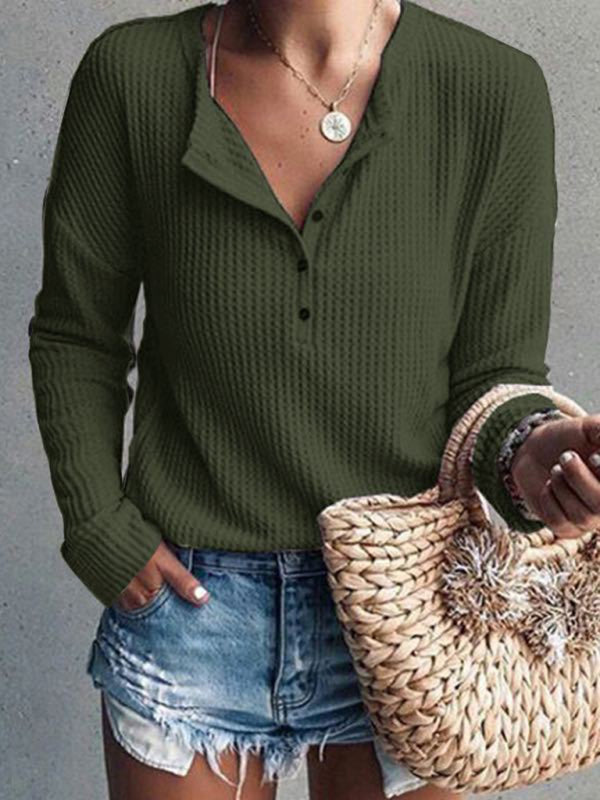 Women’s Tops Round Neck Open Tube Long Sleeve Solid Color T-Shirt - Deep green / S